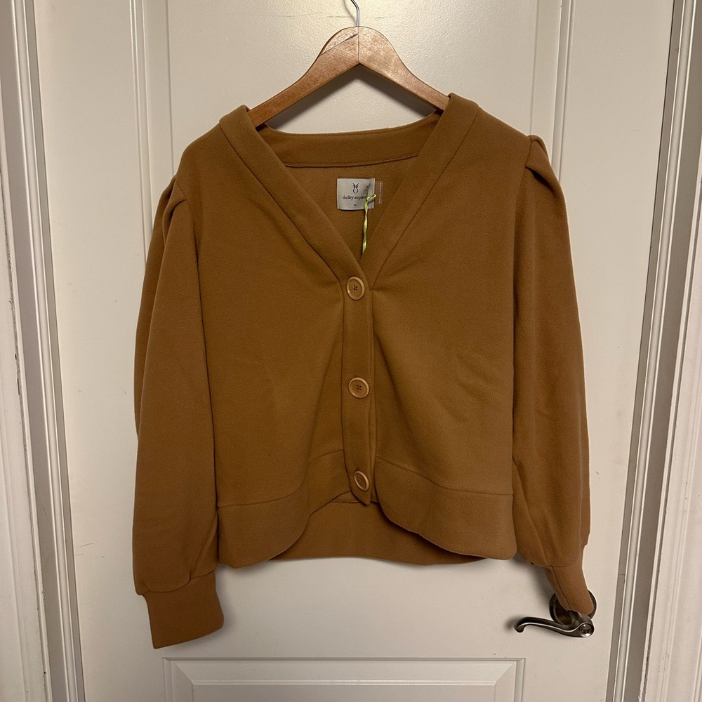 Dudley Stephens Kelly Puff Sleeve Cardigan size M Camel Vello Fleece NWT - Picture 2 of 7